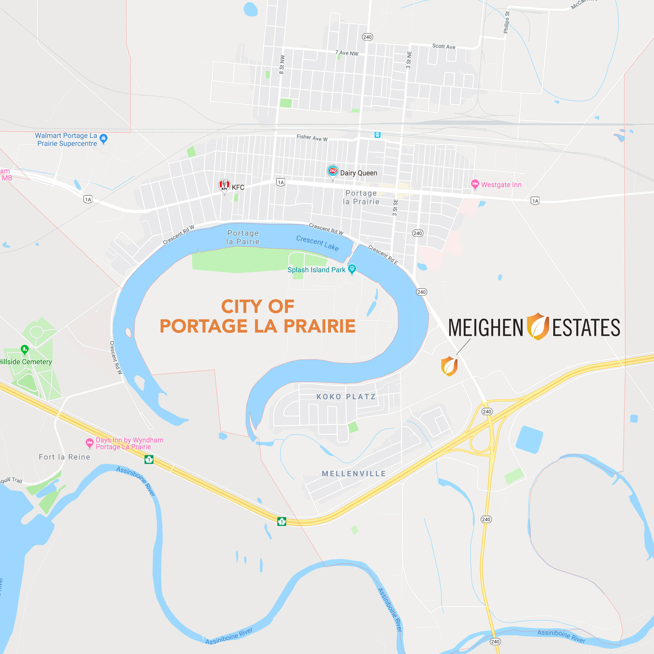 Map showing the location of Meighen Estates within the city of Portage la Prairie, Manitoba